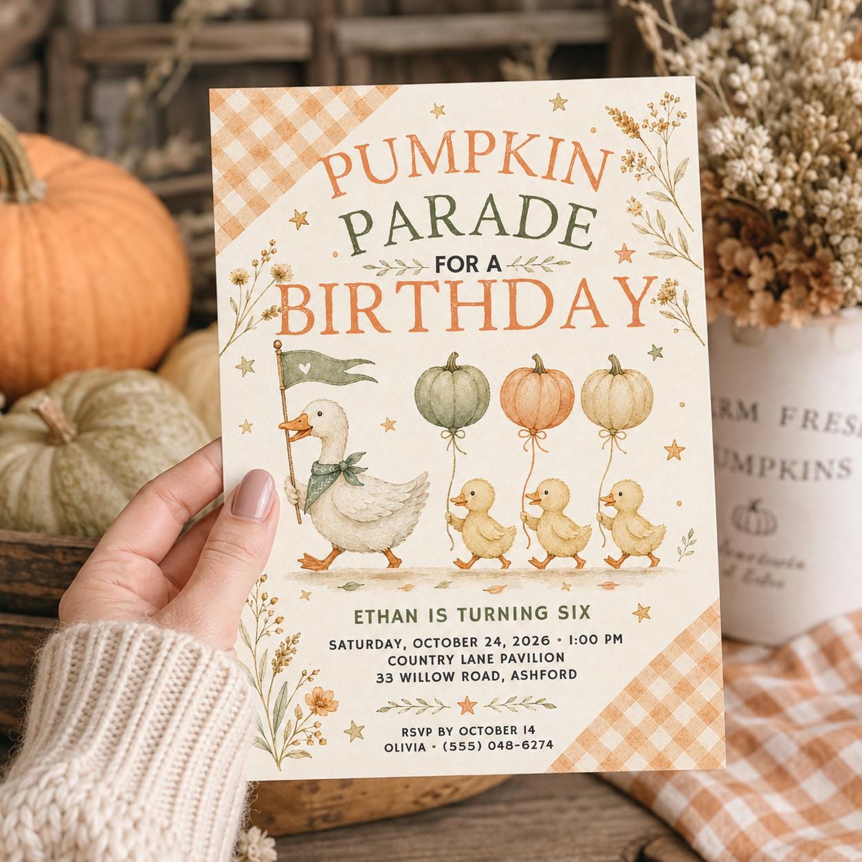 Fall Goose Birthday Invitation, Autumn Pumpkin Party Invite, Halloween Kids Birthday Canva Template
