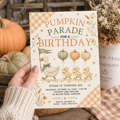 Fall Goose Birthday Invitation, Autumn Pumpkin Party Invite, Halloween Kids Birthday Canva Template