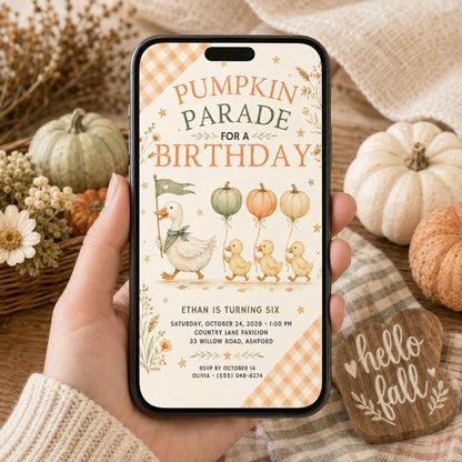 Fall Goose Birthday Invitation, Autumn Pumpkin Party Invite, Halloween Kids Birthday Canva Template