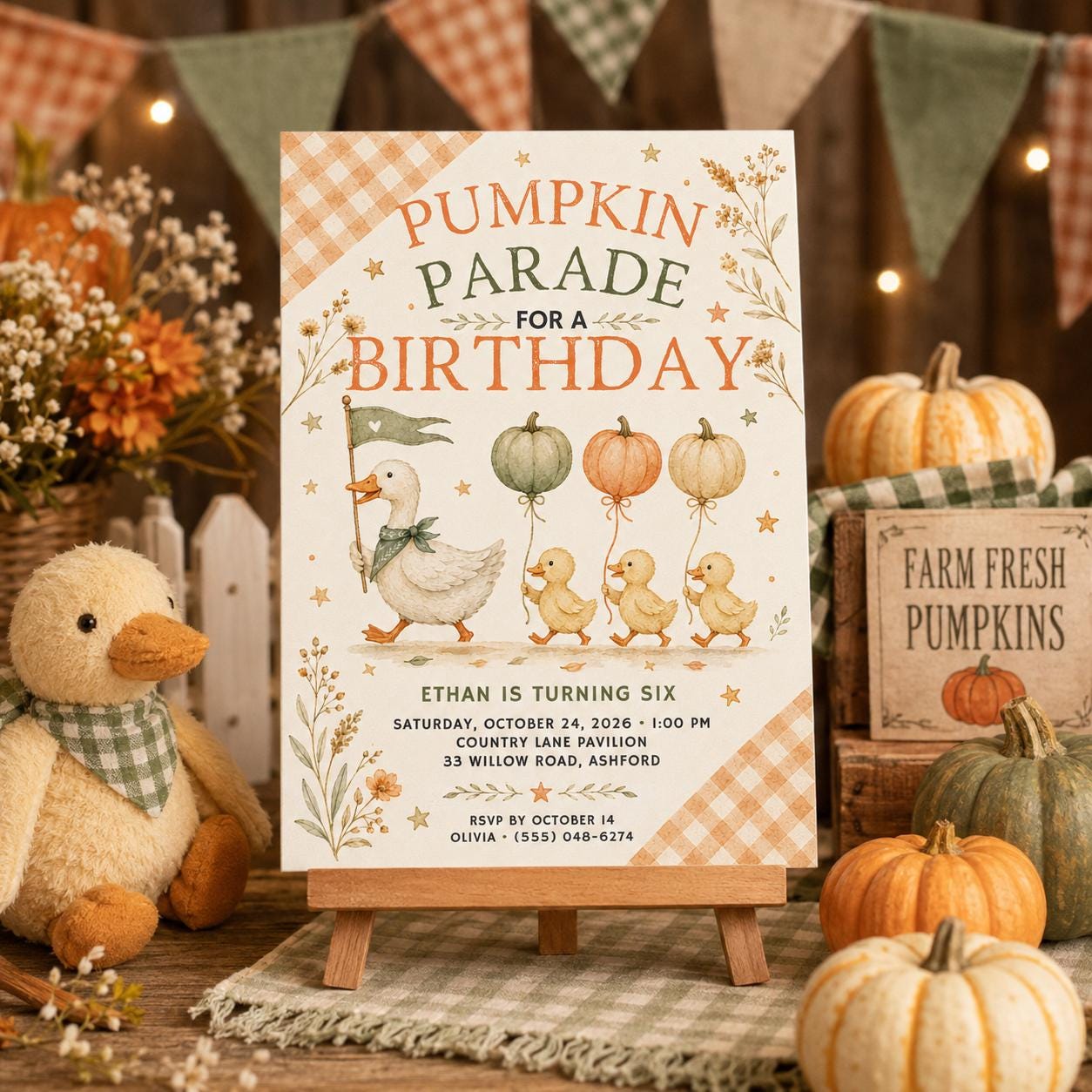 Fall Goose Birthday Invitation, Autumn Pumpkin Party Invite, Halloween Kids Birthday Canva Template