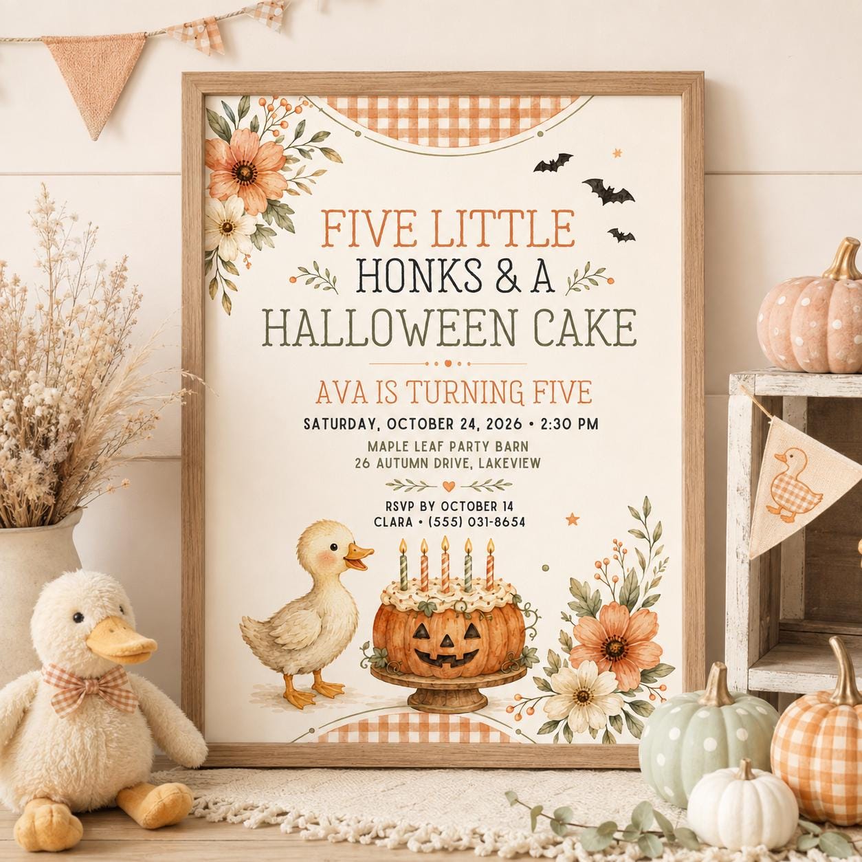 Fall Goose Birthday Invitation, Autumn Pumpkin Party Invite, Halloween Kids Birthday Canva Template