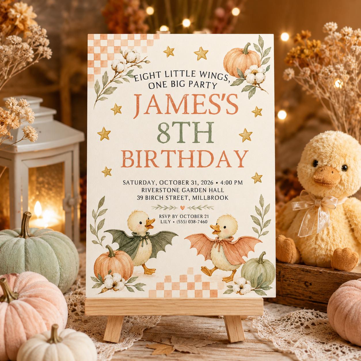 Fall Goose Birthday Invitation, Autumn Pumpkin Party Invite, Halloween Kids Birthday Canva Template