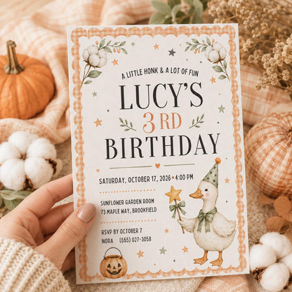 Fall Goose Birthday Invitation, Autumn Pumpkin Party Invite, Halloween Kids Birthday Canva Template