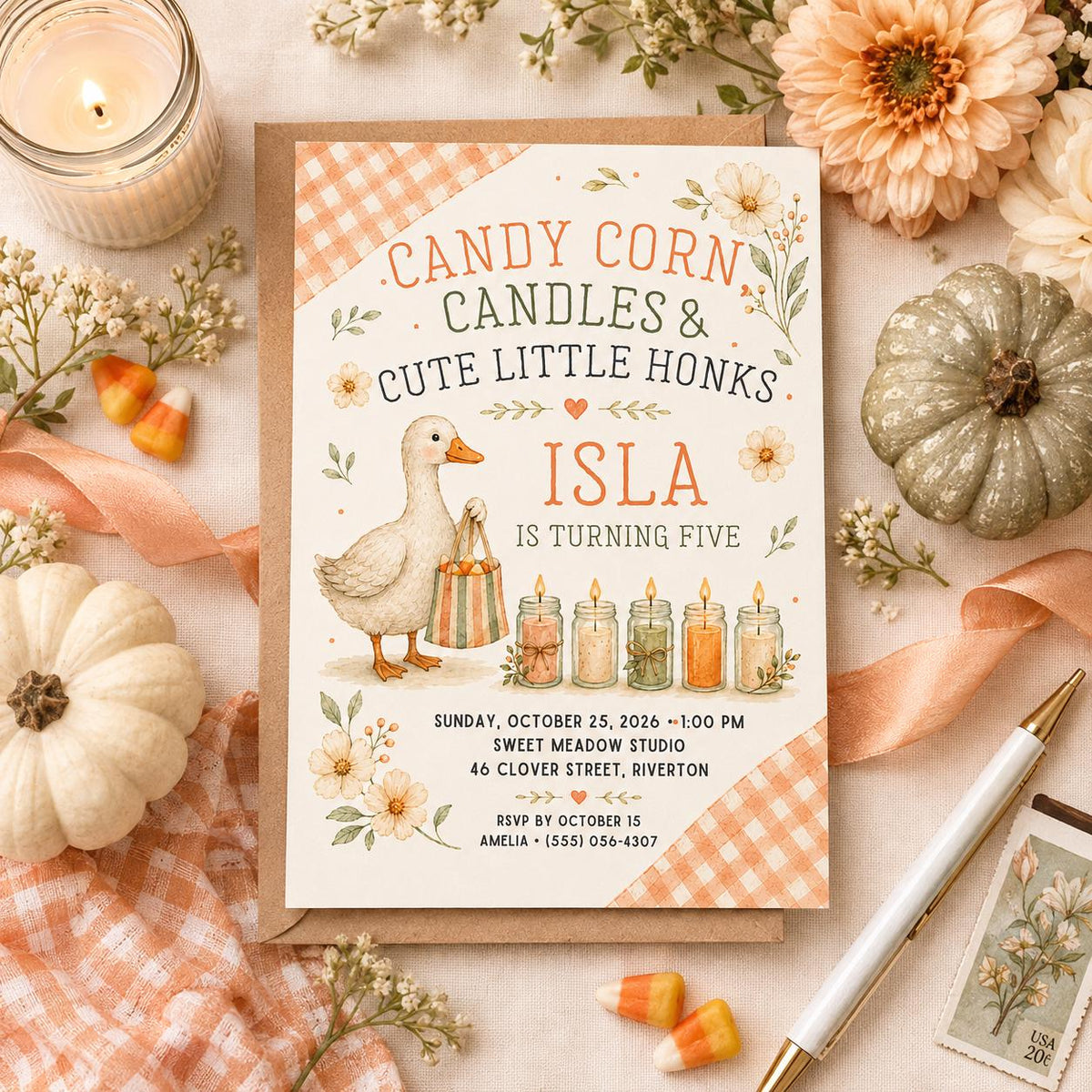 Fall Goose Birthday Invitation, Autumn Pumpkin Party Invite, Halloween Kids Birthday Canva Template