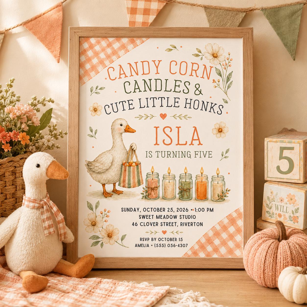Fall Goose Birthday Invitation, Autumn Pumpkin Party Invite, Halloween Kids Birthday Canva Template