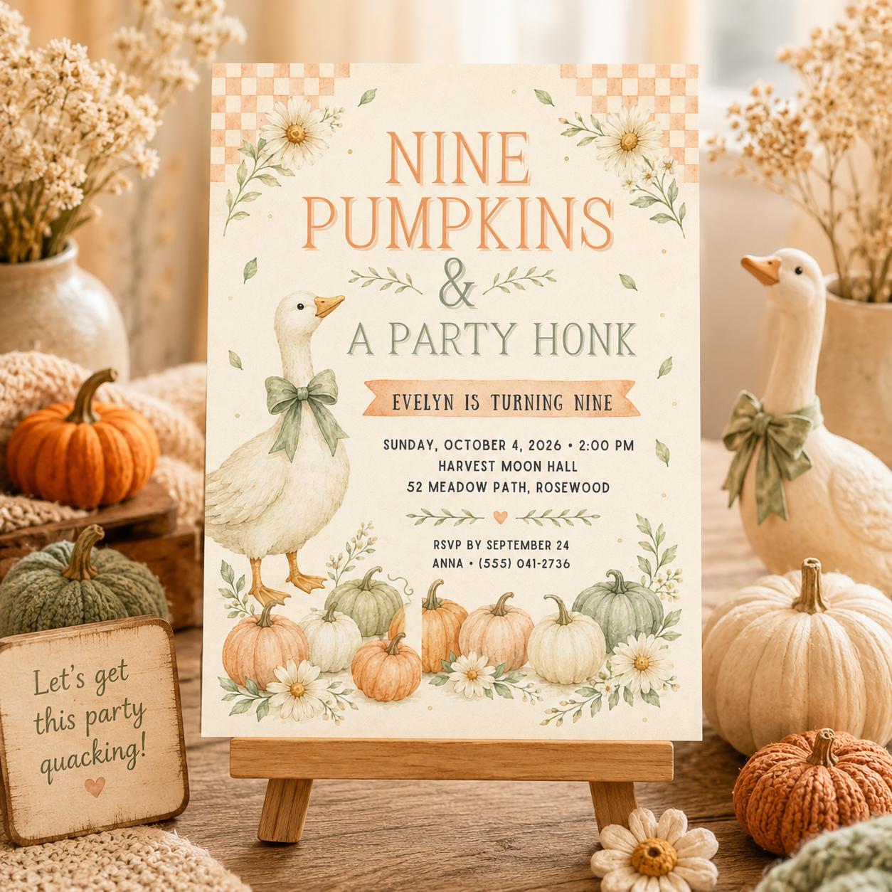 Fall Goose Birthday Invitation, Autumn Pumpkin Party Invite, Halloween Kids Birthday Canva Template