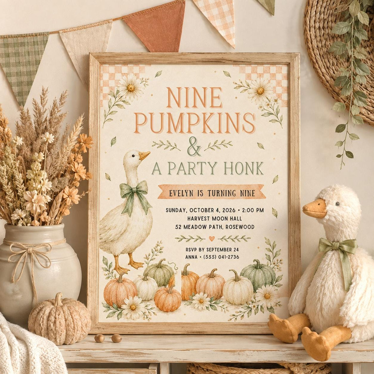 Fall Goose Birthday Invitation, Autumn Pumpkin Party Invite, Halloween Kids Birthday Canva Template