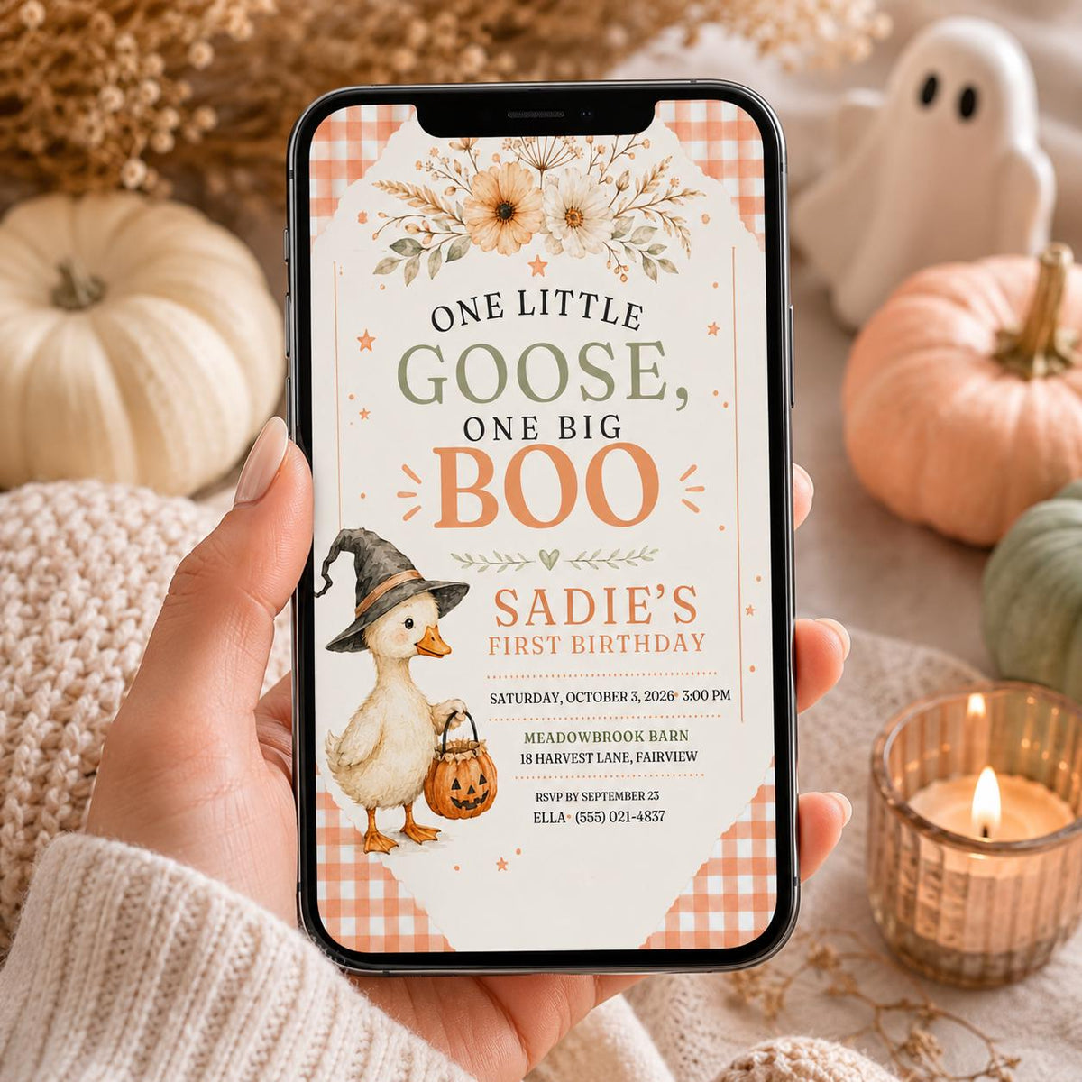 Fall Goose Birthday Invitation, Autumn Pumpkin Party Invite, Halloween Kids Birthday Canva Template