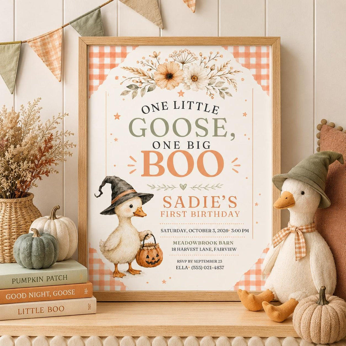 Fall Goose Birthday Invitation, Autumn Pumpkin Party Invite, Halloween Kids Birthday Canva Template