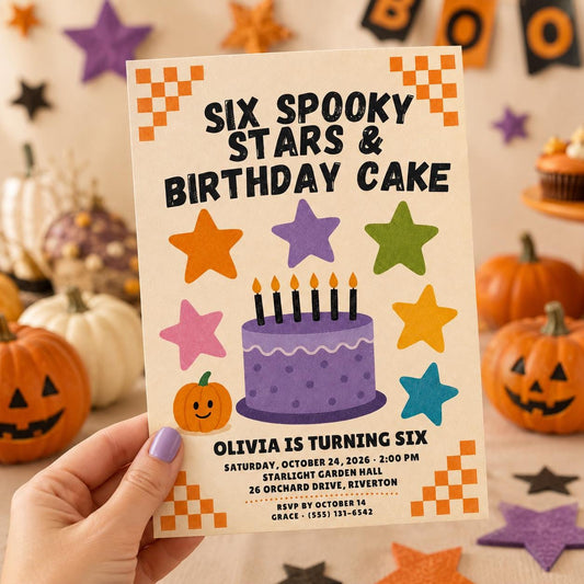 Halloween 6th Birthday Invitation, Spooky Stars Birthday Party Invite, Pumpkin Kids Birthday, Editable Canva Template