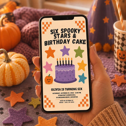 Halloween 6th Birthday Invitation, Spooky Stars Birthday Party Invite, Pumpkin Kids Birthday, Editable Canva Template