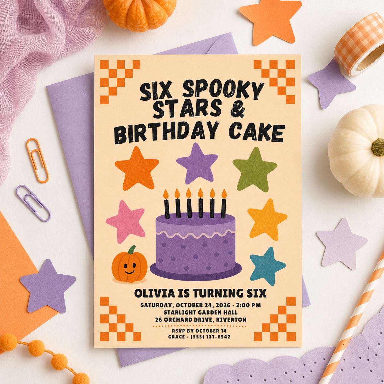 Halloween 6th Birthday Invitation, Spooky Stars Birthday Party Invite, Pumpkin Kids Birthday, Editable Canva Template