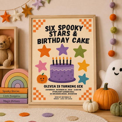 Halloween 6th Birthday Invitation, Spooky Stars Birthday Party Invite, Pumpkin Kids Birthday, Editable Canva Template