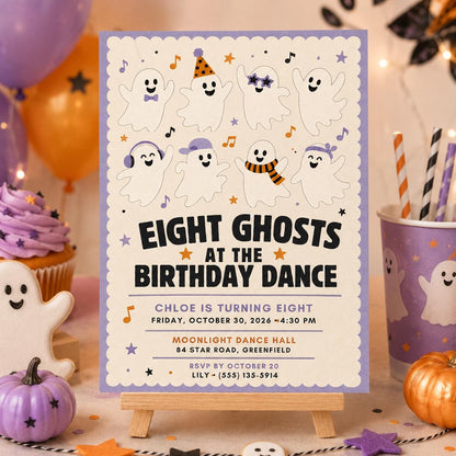 Ghost Halloween Birthday Invitation, Spooky Dance Party Invite, Cute Ghost Kids Birthday, Editable Canva Template