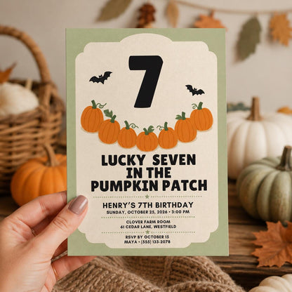 Pumpkin Patch 7th Birthday Invitation, Fall Halloween Birthday Party Invite, Lucky Seven Kids Invite, Editable Canva Template