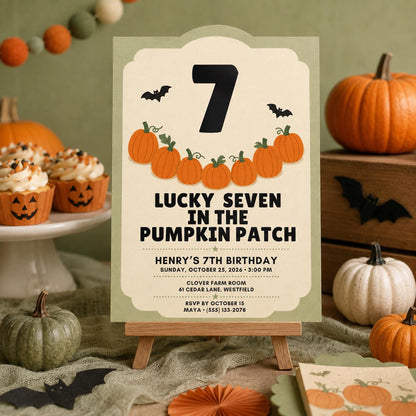 Pumpkin Patch 7th Birthday Invitation, Fall Halloween Birthday Party Invite, Lucky Seven Kids Invite, Editable Canva Template