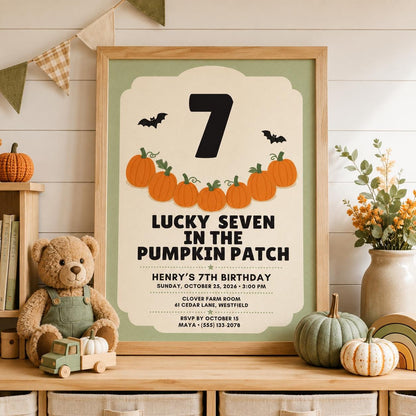 Pumpkin Patch 7th Birthday Invitation, Fall Halloween Birthday Party Invite, Lucky Seven Kids Invite, Editable Canva Template