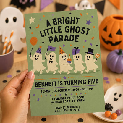 Cute Ghost Halloween Birthday Invitation, Ghost Parade Kids Party Invite, Spooky 5th Birthday, Editable Canva Template