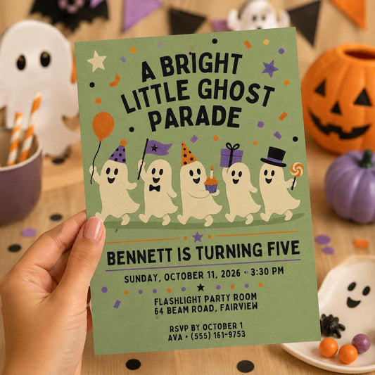 Cute Ghost Halloween Birthday Invitation, Ghost Parade Kids Party Invite, Spooky 5th Birthday, Editable Canva Template
