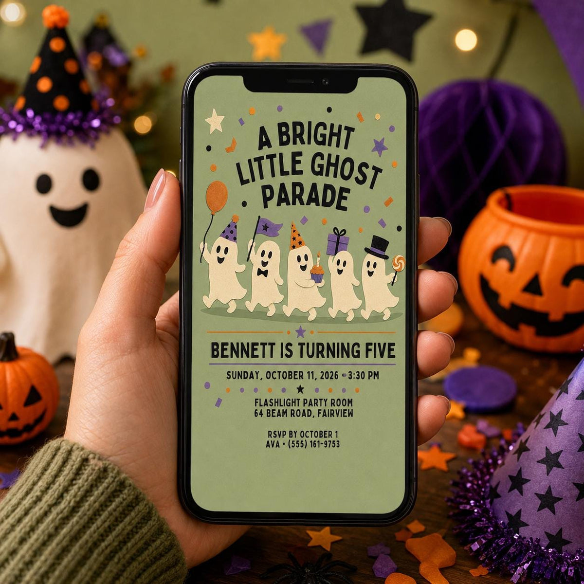 Cute Ghost Halloween Birthday Invitation, Ghost Parade Kids Party Invite, Spooky 5th Birthday, Editable Canva Template