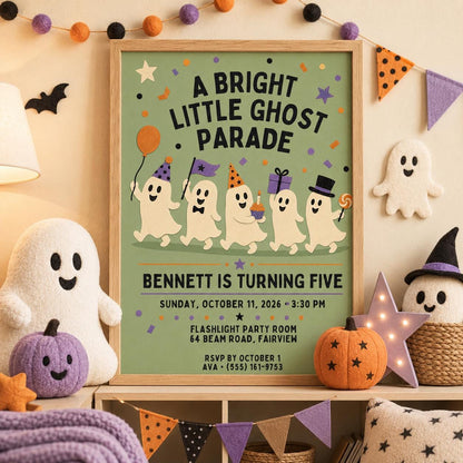 Cute Ghost Halloween Birthday Invitation, Ghost Parade Kids Party Invite, Spooky 5th Birthday, Editable Canva Template