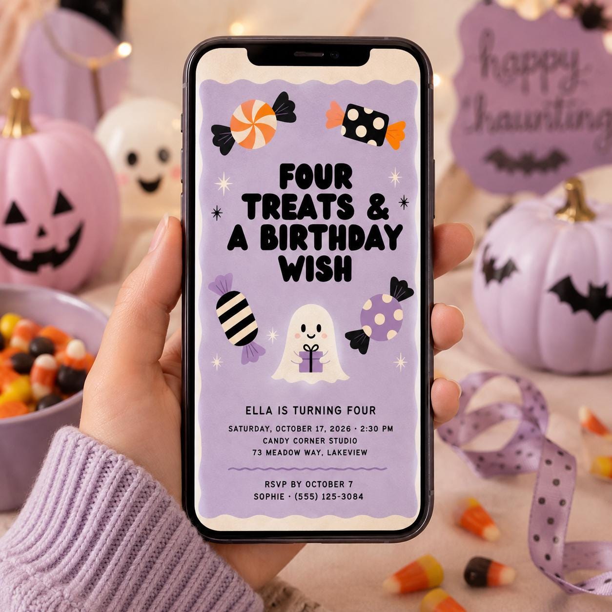 Cute Ghost 4th Birthday Invitation, Halloween Candy Party Invite, Spooky Kids Birthday, Editable Canva Template