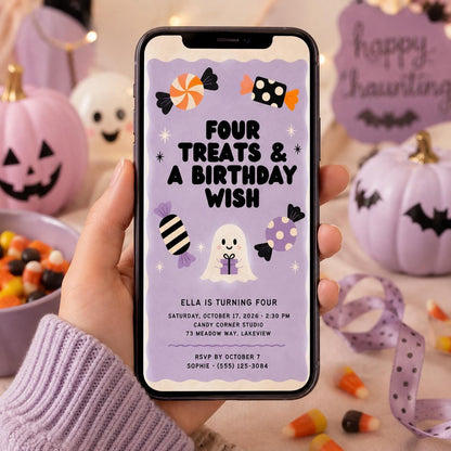 Cute Ghost 4th Birthday Invitation, Halloween Candy Party Invite, Spooky Kids Birthday, Editable Canva Template