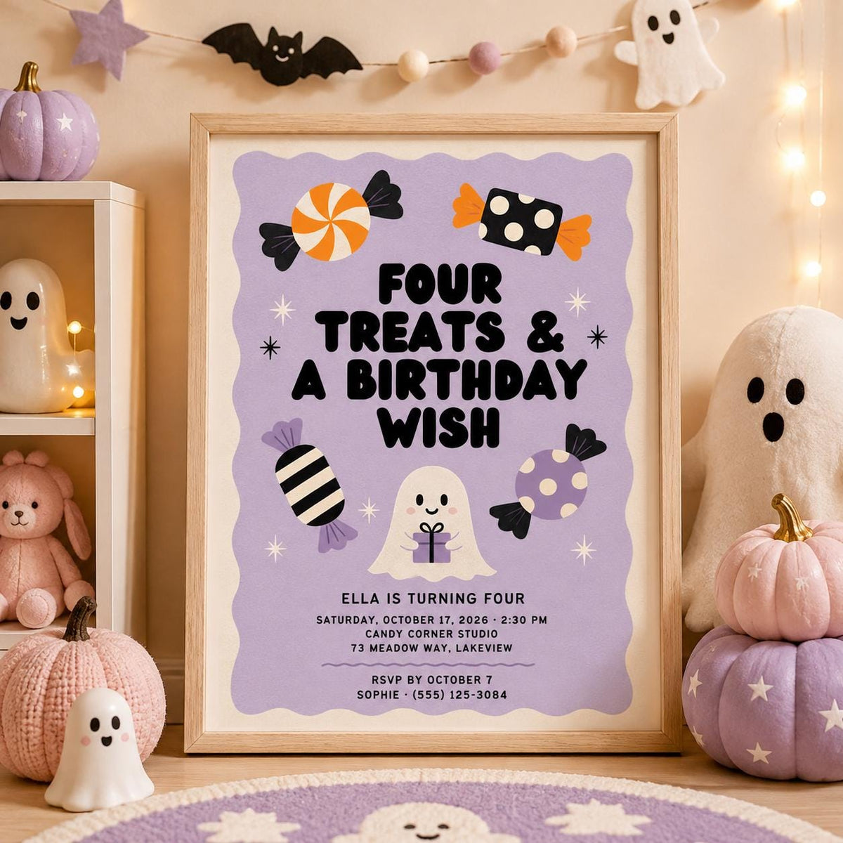 Cute Ghost 4th Birthday Invitation, Halloween Candy Party Invite, Spooky Kids Birthday, Editable Canva Template