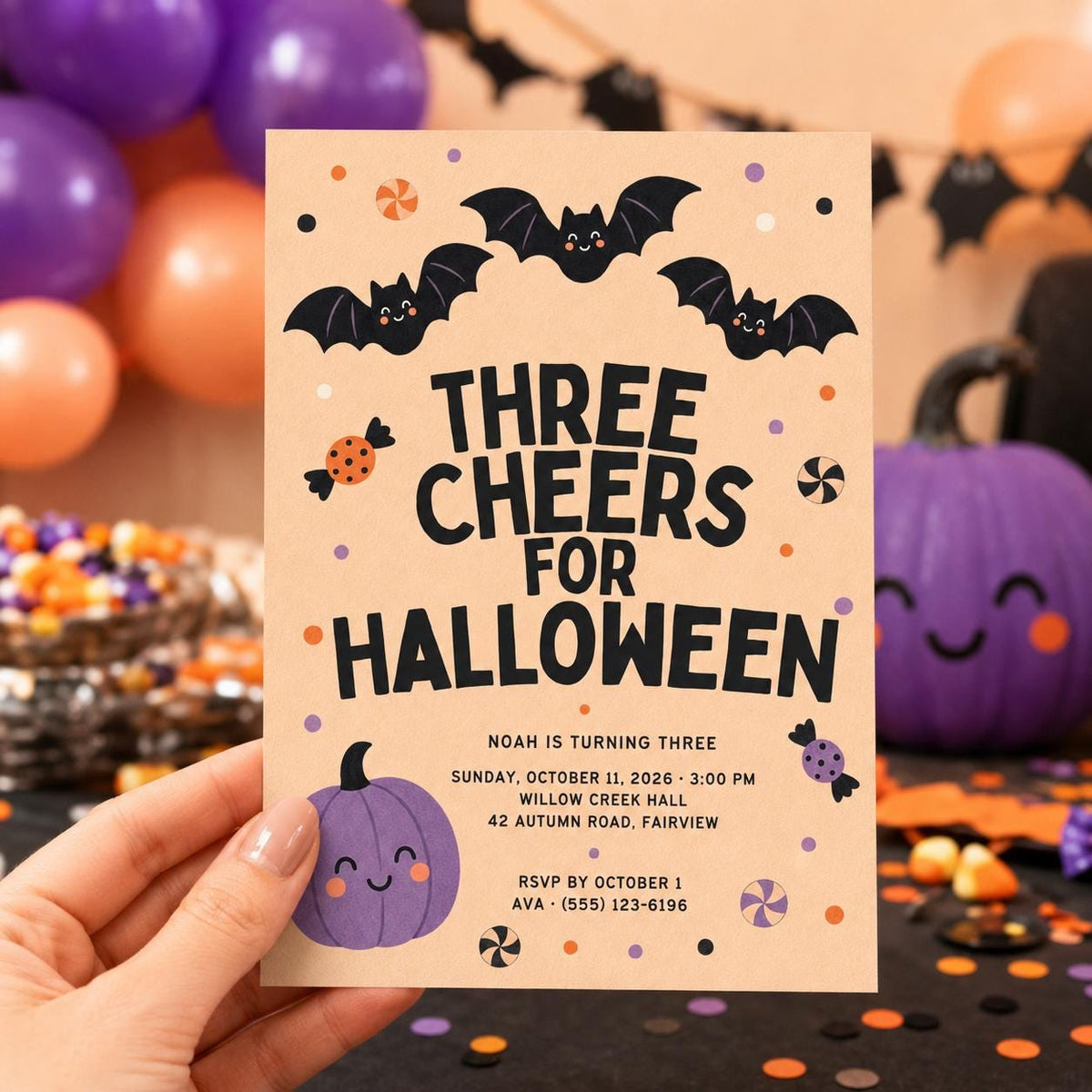 Halloween 3rd Birthday Invitation, Cute Bat Pumpkin Party Invite, Spooky Kids Birthday, Editable Canva Template