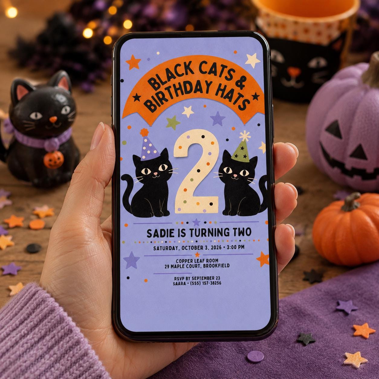 Black Cat 2nd Birthday Invitation, Halloween Kitty Party Invite, Spooky Kids Birthday, Editable Canva Template