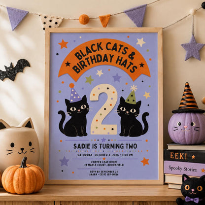 Black Cat 2nd Birthday Invitation, Halloween Kitty Party Invite, Spooky Kids Birthday, Editable Canva Template