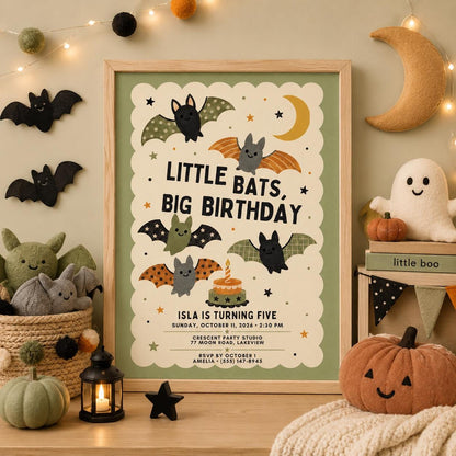 Cute Bat Halloween Birthday Invitation, Little Bats Kids Birthday Party Invite, Spooky Fall Birthday, Editable Canva Template