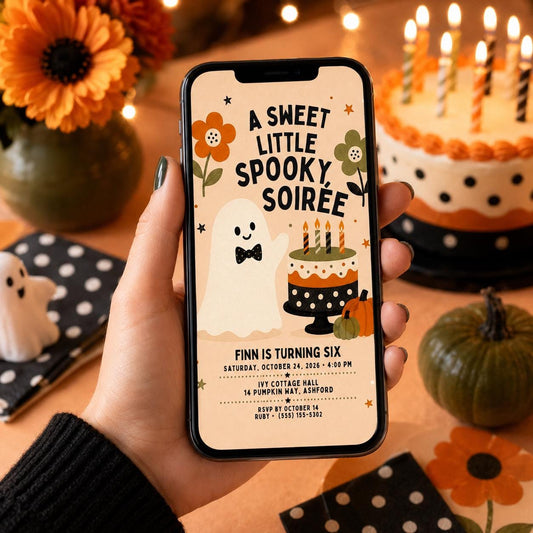 Cute Ghost Halloween Birthday Invitation, Spooky Soiree Kids Party Invite, Pumpkin Birthday, Editable Canva Template