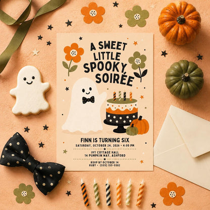 Cute Ghost Halloween Birthday Invitation, Spooky Soiree Kids Party Invite, Pumpkin Birthday, Editable Canva Template