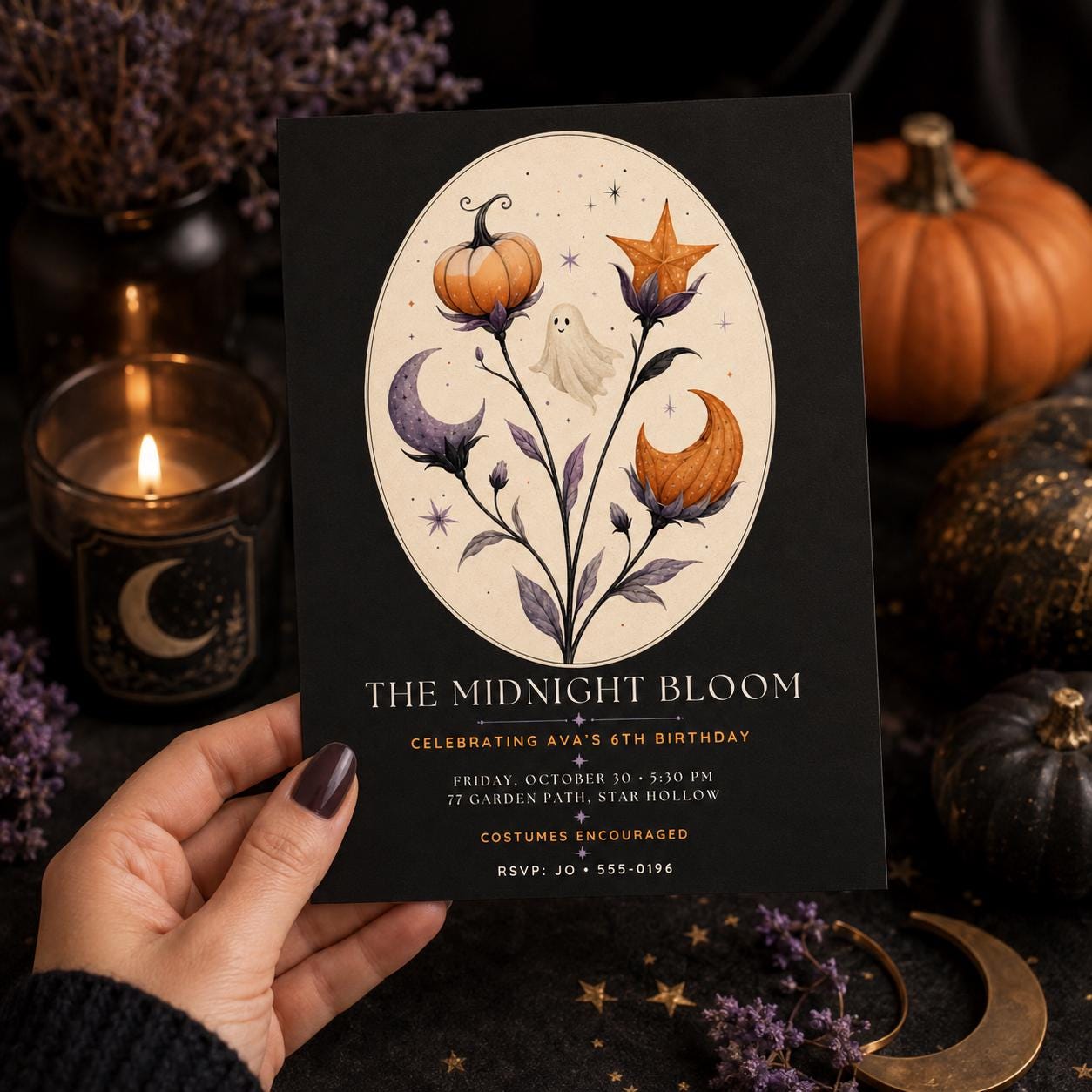 Elegant Halloween Birthday Invitation, Midnight Floral Ghost Party Invite, Spooky Pumpkin Birthday, Editable Canva Template