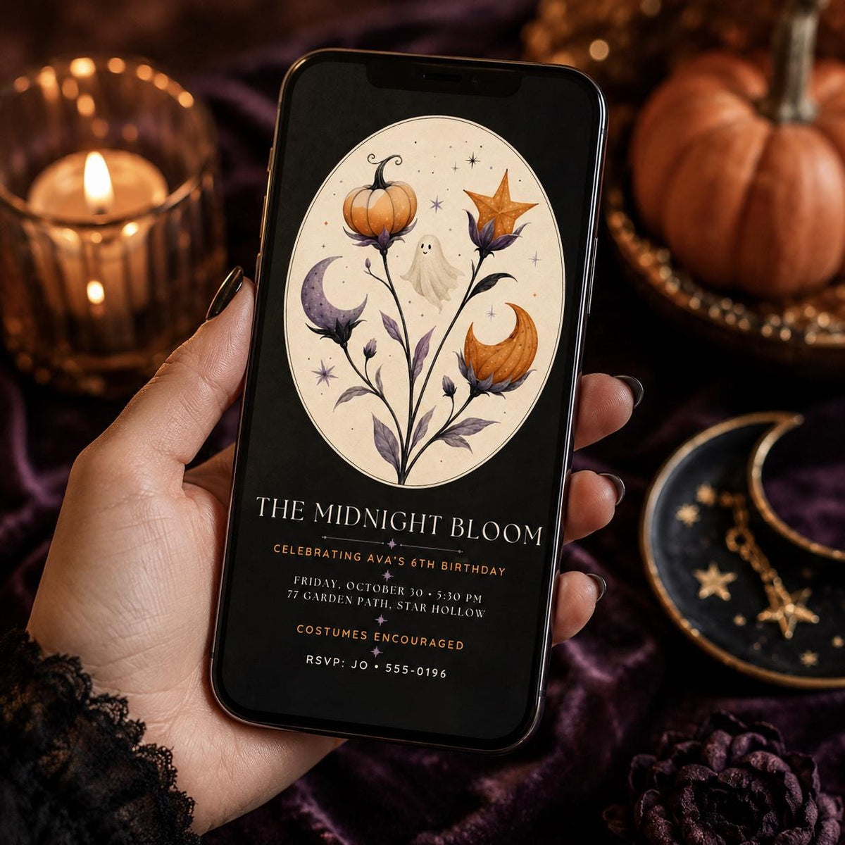 Elegant Halloween Birthday Invitation, Midnight Floral Ghost Party Invite, Spooky Pumpkin Birthday, Editable Canva Template