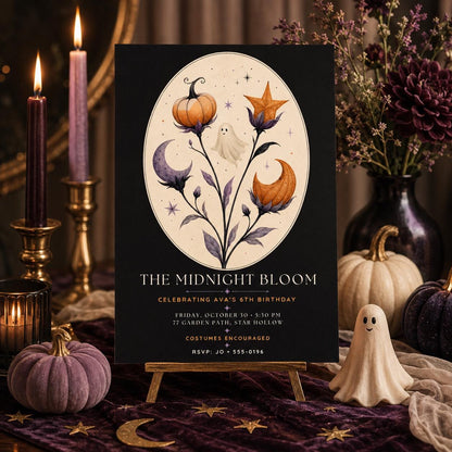 Elegant Halloween Birthday Invitation, Midnight Floral Ghost Party Invite, Spooky Pumpkin Birthday, Editable Canva Template