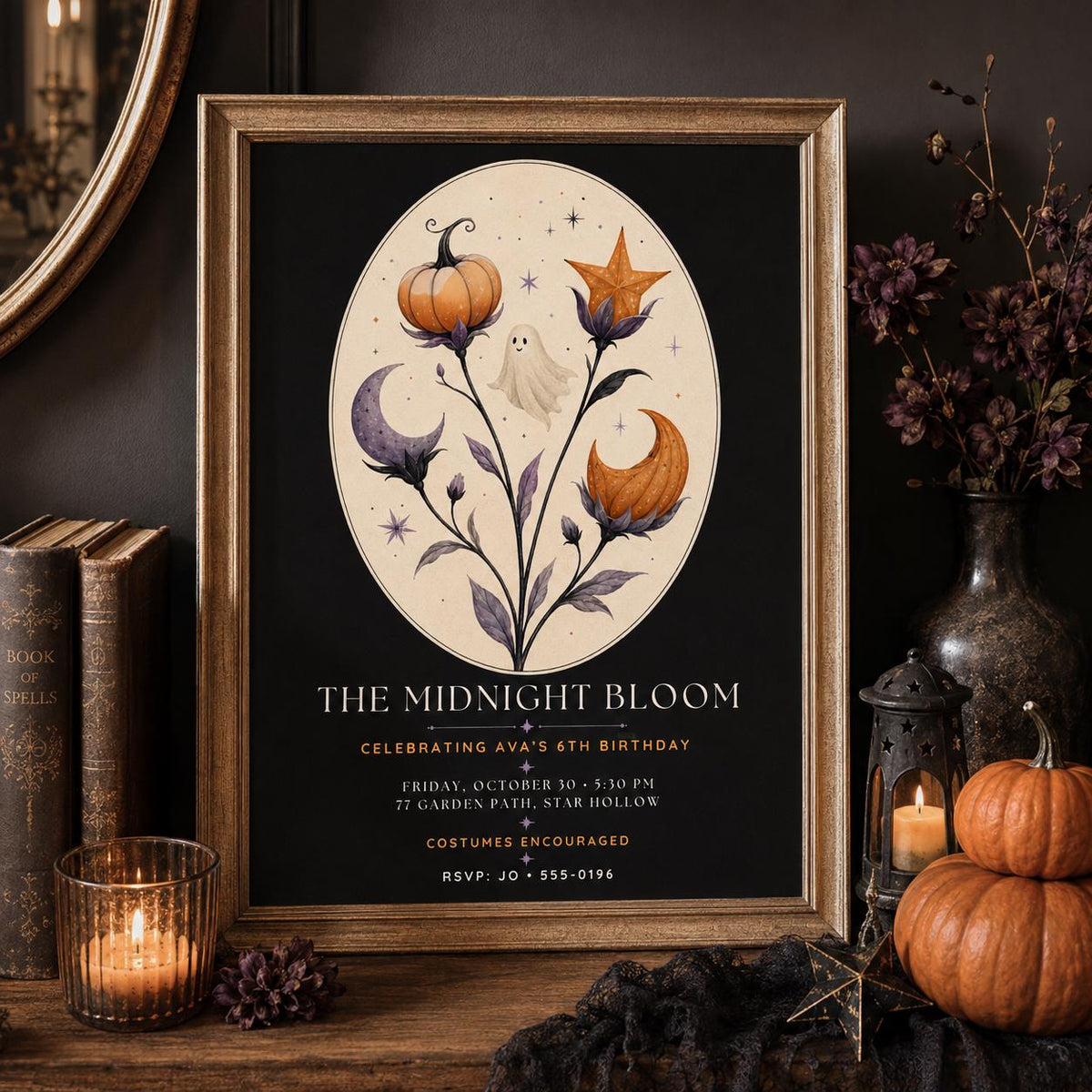 Elegant Halloween Birthday Invitation, Midnight Floral Ghost Party Invite, Spooky Pumpkin Birthday, Editable Canva Template
