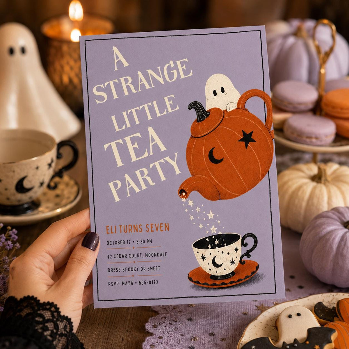 Halloween Tea Party Birthday Invitation, Cute Ghost Pumpkin Tea Party Invite, Spooky Kids Birthday, Editable Canva Template
