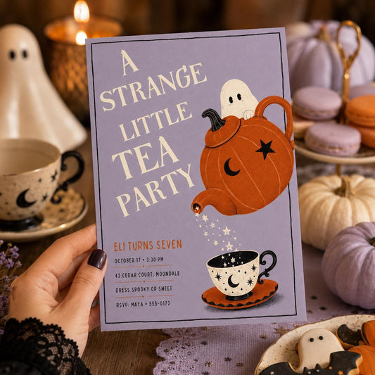 Halloween Tea Party Birthday Invitation, Cute Ghost Pumpkin Tea Party Invite, Spooky Kids Birthday, Editable Canva Template