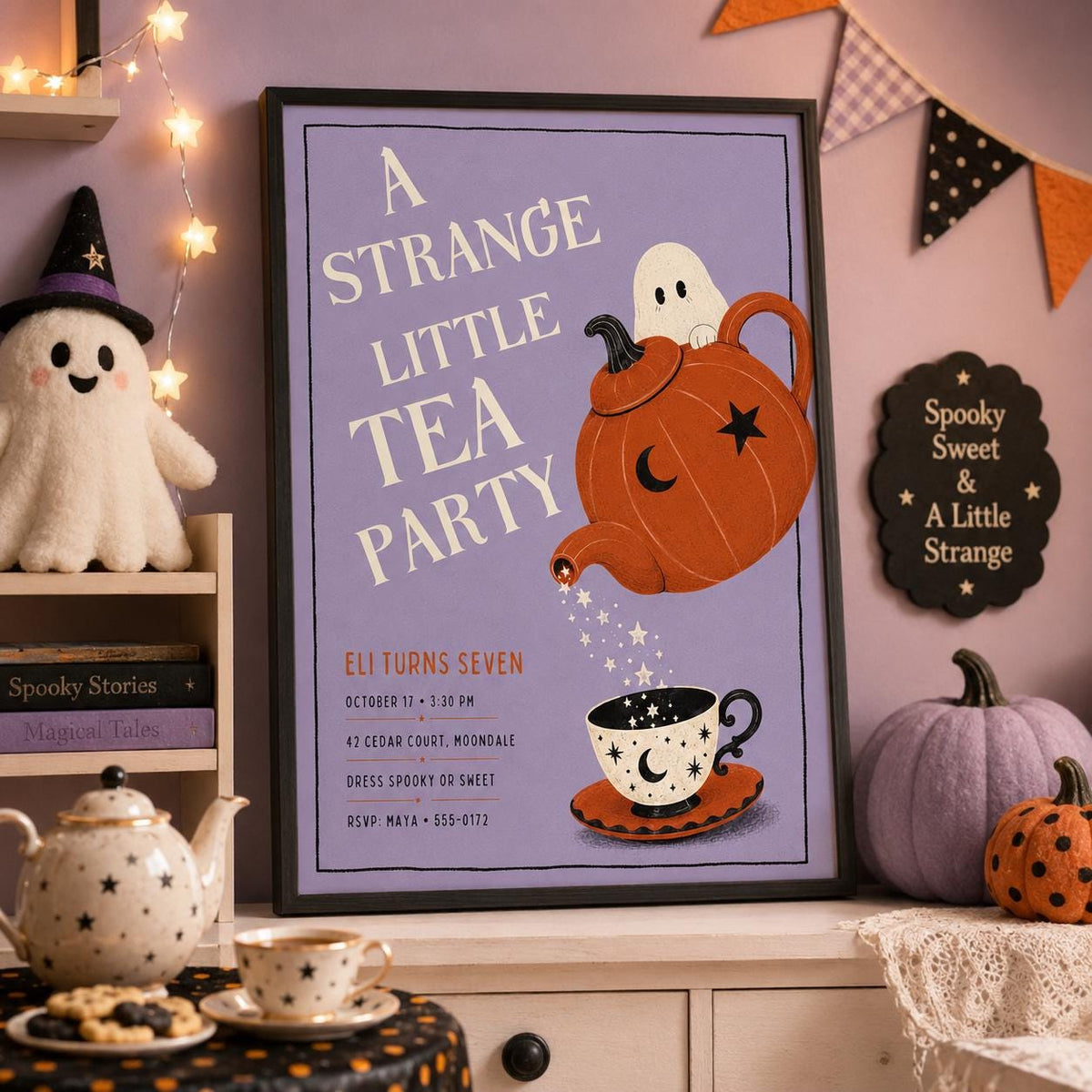 Halloween Tea Party Birthday Invitation, Cute Ghost Pumpkin Tea Party Invite, Spooky Kids Birthday, Editable Canva Template