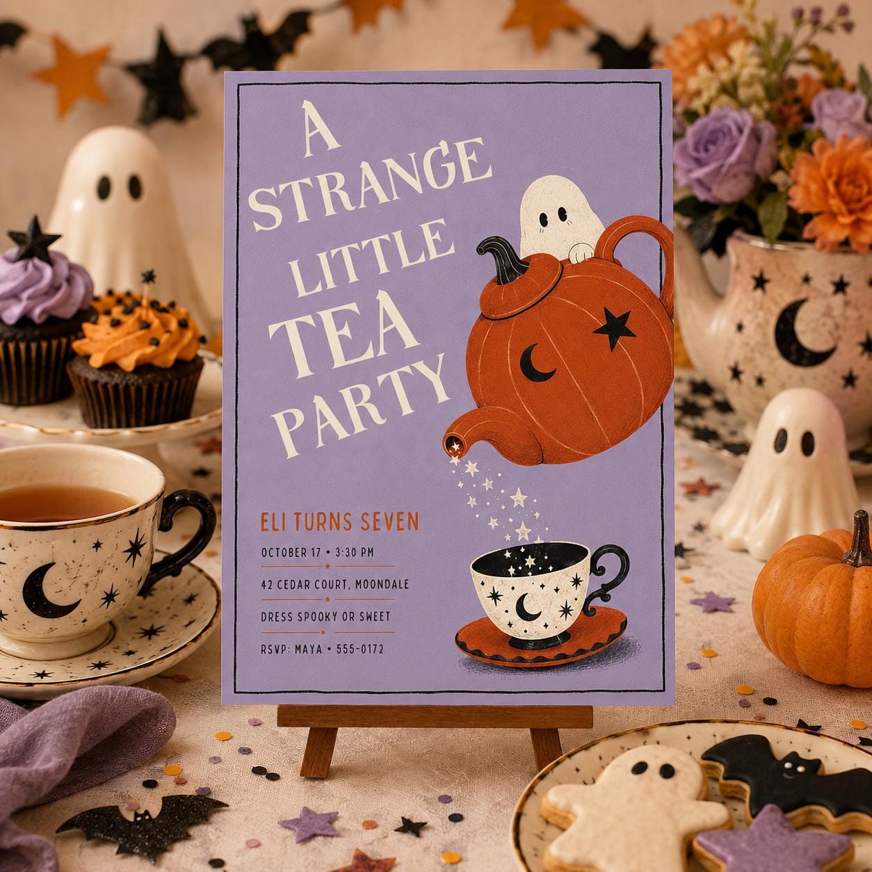 Halloween Tea Party Birthday Invitation, Cute Ghost Pumpkin Tea Party Invite, Spooky Kids Birthday, Editable Canva Template