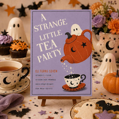 Halloween Tea Party Birthday Invitation, Cute Ghost Pumpkin Tea Party Invite, Spooky Kids Birthday, Editable Canva Template