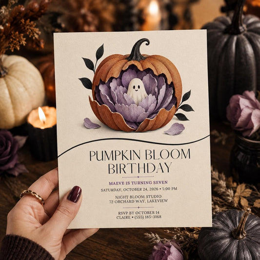 Pumpkin Ghost Birthday Invitation, Floral Halloween Birthday Party Invite, Elegant Spooky Kids Invite, Editable Canva Template