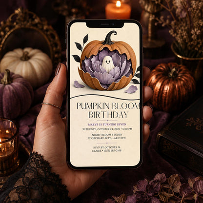 Pumpkin Ghost Birthday Invitation, Floral Halloween Birthday Party Invite, Elegant Spooky Kids Invite, Editable Canva Template