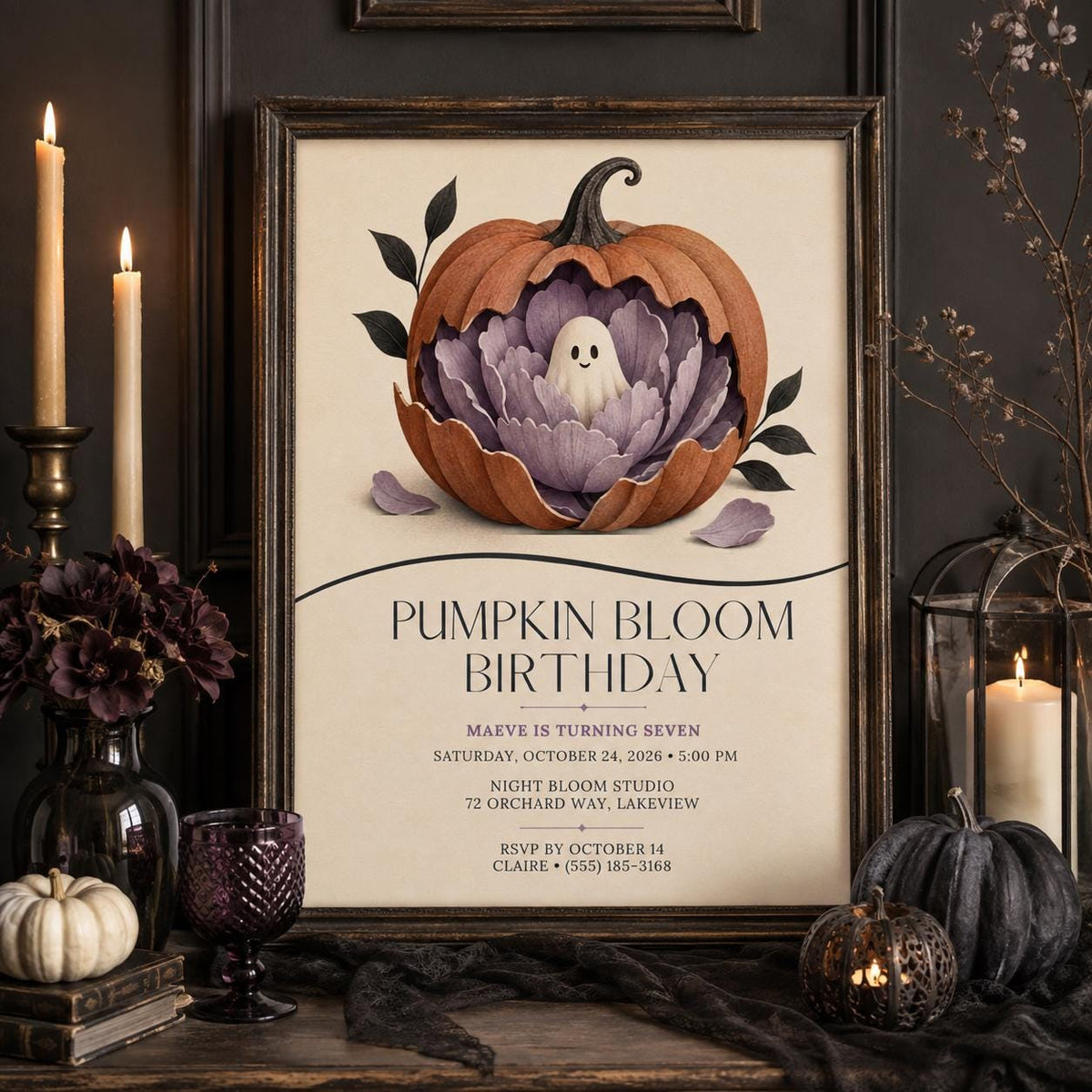 Pumpkin Ghost Birthday Invitation, Floral Halloween Birthday Party Invite, Elegant Spooky Kids Invite, Editable Canva Template