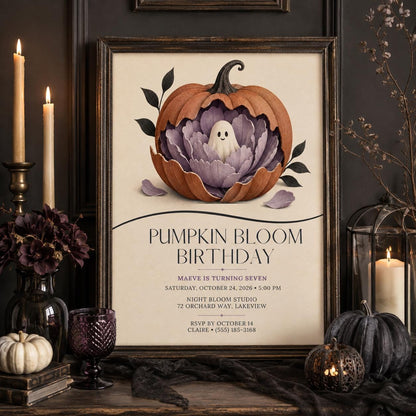 Pumpkin Ghost Birthday Invitation, Floral Halloween Birthday Party Invite, Elegant Spooky Kids Invite, Editable Canva Template