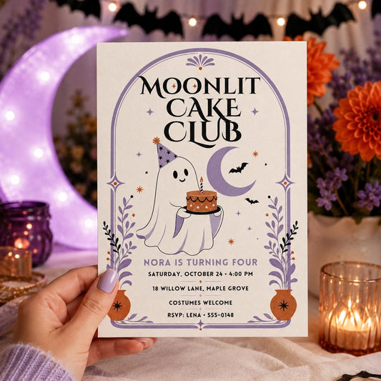 Cute Ghost 4th Birthday Invitation, Moon Halloween Birthday Party Invite, Spooky Cake Kids Party, Editable Canva Template