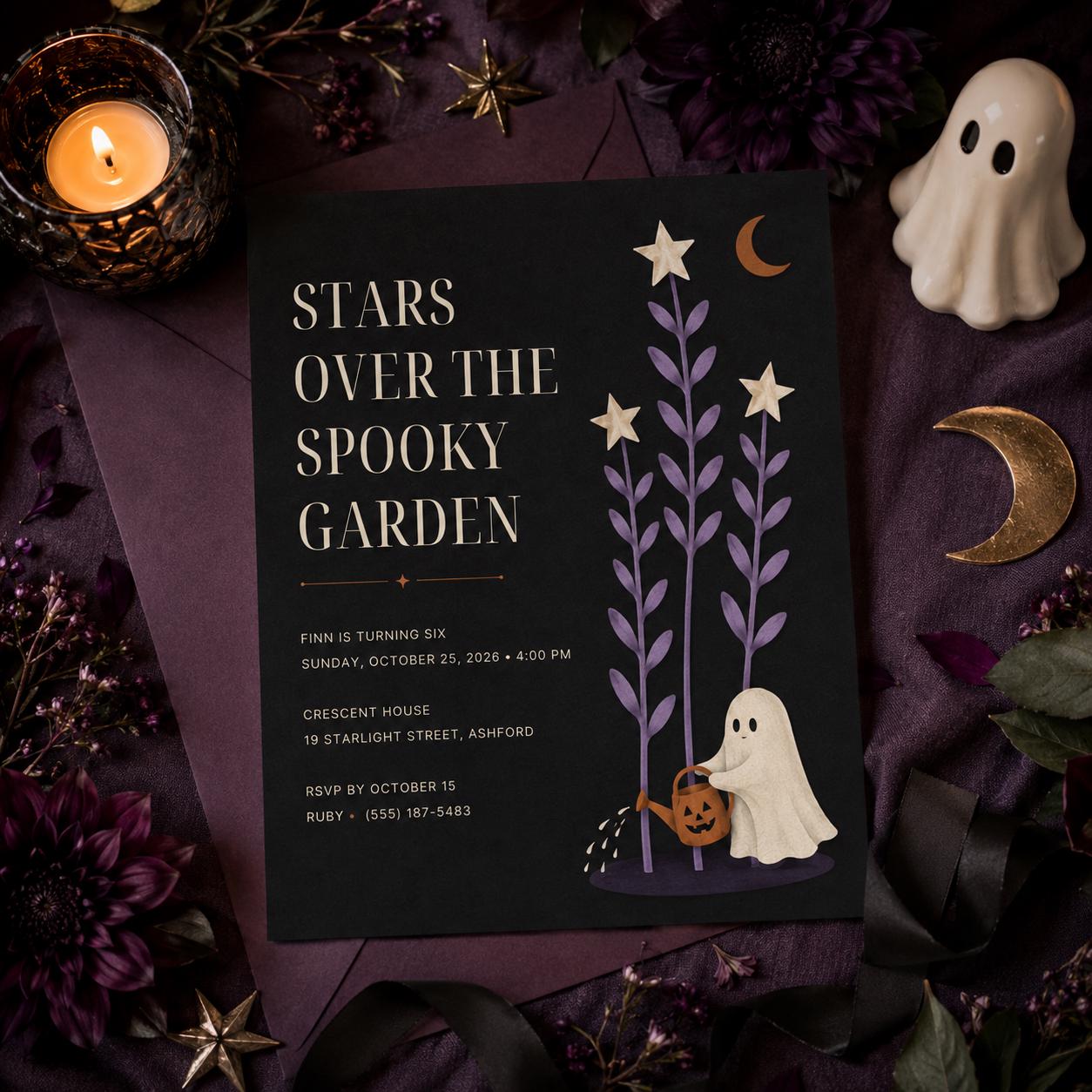 Spooky Garden Halloween Birthday Invitation, Cute Ghost Night Garden Party Invite, Elegant Kids Birthday, Editable Canva Template