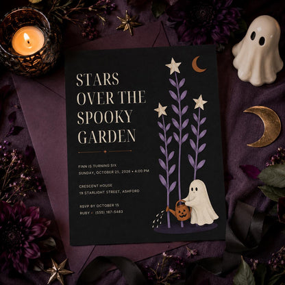 Spooky Garden Halloween Birthday Invitation, Cute Ghost Night Garden Party Invite, Elegant Kids Birthday, Editable Canva Template
